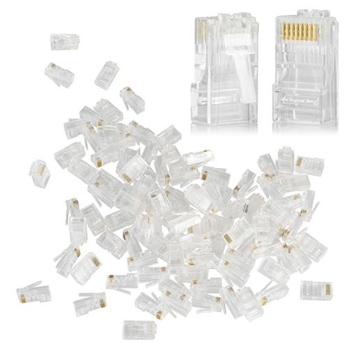 Pack of 100 sheets crystal rj45 8p/8c plug crimp 8p8c plug telephone network telephony cat6 jr international - 1