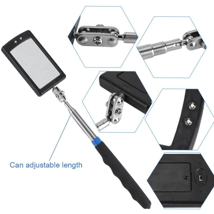 Espejo de inspección regulable de 8cm, abatible en cuatro niveles, endoscopio con 2 luces led debajo del coche.