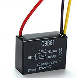 Condensador de ventilador de techo Cbb61 1.5Uf + 2.5Uf 3 cables, 250 Vac Modelo: CBB61