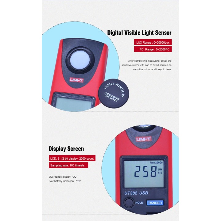 Luxmeter UT382 UNI-T Beleuchtungsstärkemessung / Datenprotokollierung,