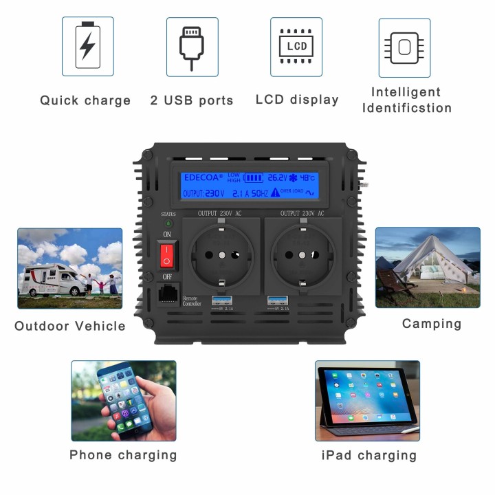 DC 24V to AC 220V 2000w 4000w modified sine wave power inverter with LCD display remote control 5V USB