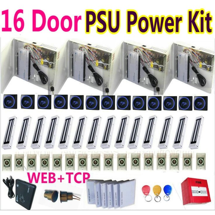 Sistema de control de acceso 16 puertas 16 Lector de tarjetas RFID 16 cerraduras, TCP, software para PC