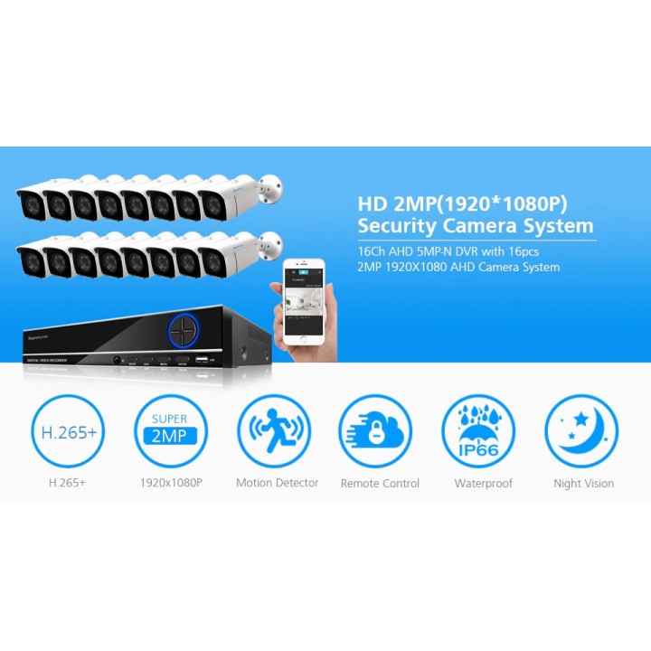 Sistema de videovigilancia TVI DVR 16 canales + disco duro + 16 cámaras de vigilancia 1080p 2.0MP cable
