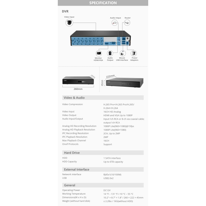Sistema di videosorveglianza DVR TVI 16 canali + disco rigido + 12 telecamere di sorveglianza 1080p 2.0MP cavi