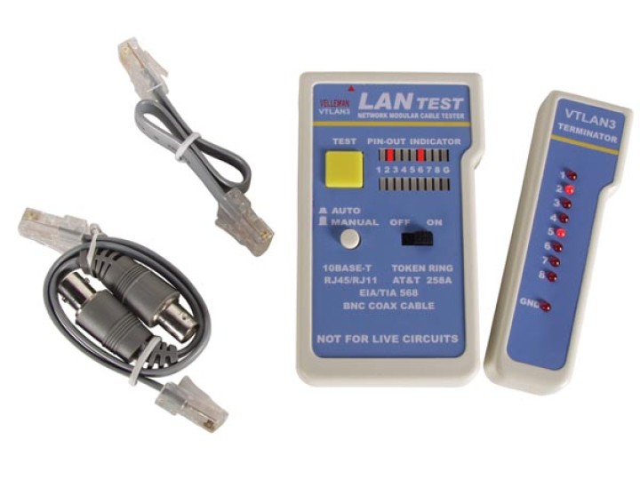 Tester lan rete telefonica informatica per rj45, rj12, rj11, rj10 & bnc vtlan3 velleman - 1