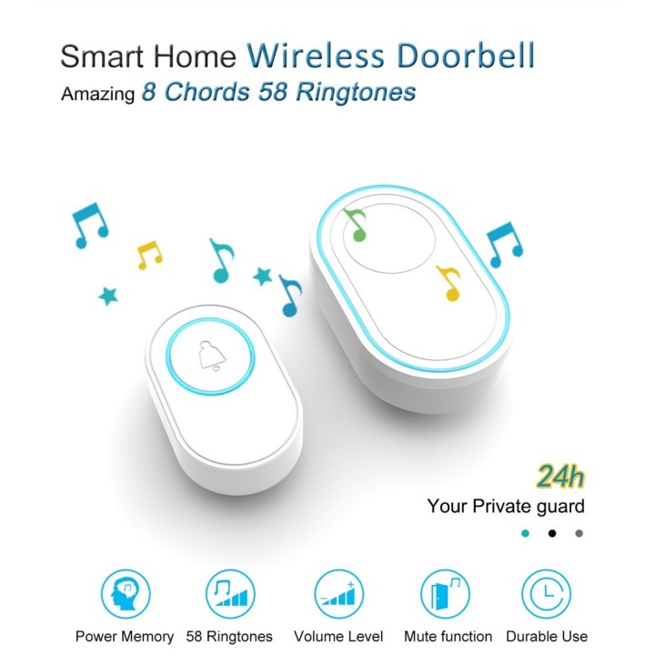 2 kabellose Türklingeltaste 433Mhz 58 Sound 300m + 1 Smart Türklingel EU-Stecker